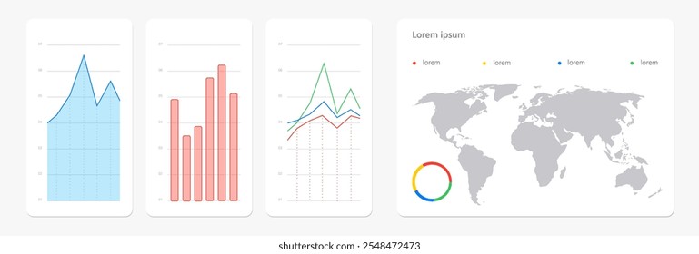 Conjunto de gráficos financieros, incluidos gráficos de líneas y mapas globales, que destacan las tendencias de los datos y los conocimientos geográficos. Concepto de economía global, análisis financiero, negocios mundiales