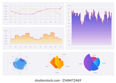 Set of financial charts, including radial diagrams, area graphs, and bar graphs with colorful gradients. Modern business analytics. Concept of economics, financial analytics, business