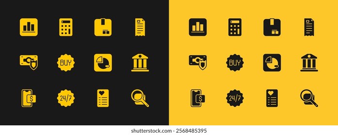 Set Financial check, Clock 24 hours, Pie chart infographic, Shopping list, Buy button, Carton cardboard box,  and Calculator icon. Vector