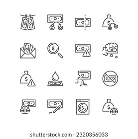 Set of financial crime related icons, money laundering payment for silence, fraud, bribe and linear variety vectors.