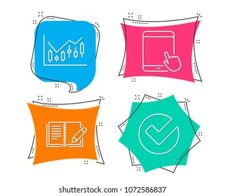Set of Financial diagram, Feedback and Tablet pc icons. Verify sign. Candlestick chart, Book with pencil, Touchscreen gadget. Selected choice.  Flat geometric colored tags. Vivid banners. Vector