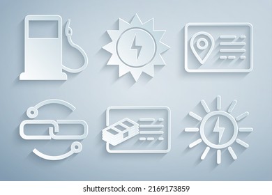 Set Financial document, Address book, Chain link line, Solar energy panel,  and Petrol or Gas station icon. Vector