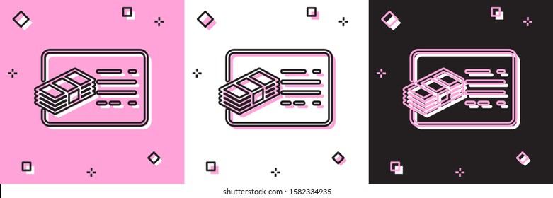 Set Financial document line icon isolated on pink and white, black background. Invoice and money icon. Budget planning, money saving and paying debt concept.  Vector Illustration