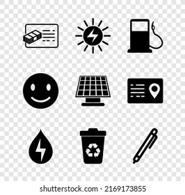Finanzdokument festlegen, Solarkollektoren, Benzin- oder Tankstellen, Wasser, Recycling-Papierkorb mit Recycling, Pen, Lächeln Gesicht und Symbol. Vektorgrafik