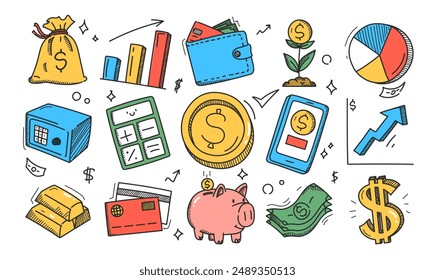 Set of financial doodle icons in doodle style. Hand-drawn money. Piggy bank, coin, calculator and gold. Concept of business, finance and marketing.