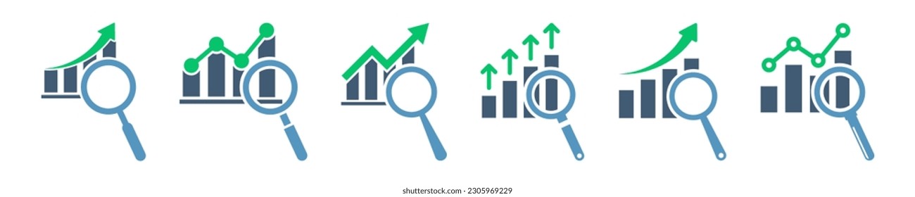 Conjunto de iconos vectoriales de previsión financiera. Gráfico de negocios con lupa. Predicción del mercado. Análisis económico. Estimación del riesgo.