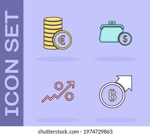 Set Financial growth and bitcoin, Coin money with euro symbol, Percent up arrow and Wallet coins icon. Vector