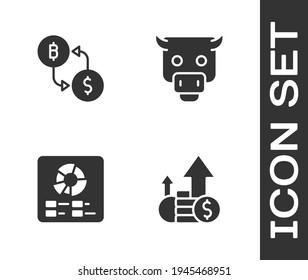 Set Financial growth and coin, Cryptocurrency exchange, Pie chart infographic and Bull market icon. Vector