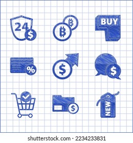 Set Financial growth and coin, Envelope with dollar, Price tag New, Speech bubble, Shopping cart check mark, Discount card percent, Buy button and Shield icon. Vector