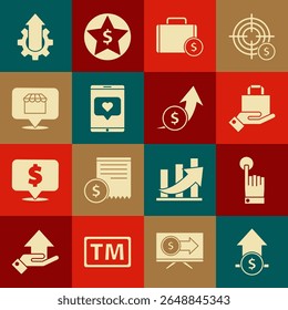 Set Financial growth and coin, Hand touch tap gesture, paper shopping bag, Briefcase money, Mobile phone like with heart, Online concept, Arrow gear business and  icon. Vector