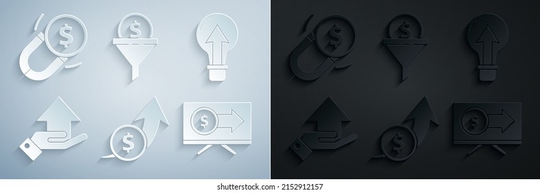 Set Financial growth and coin, Light bulb, Money on hand, Monitor with dollar, Lead management and Magnet money icon. Vector