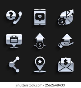 Set Financial growth and coin, Map pointer with star, Envelope dollar, Money on hand, Share, Online shopping concept, diagram graph and Telephone handset speech bubble chat icon. Vector