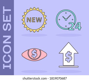 Set Financial growth and coin, Price tag with New, Eye with dollar and Clock 24 hours icon. Vector
