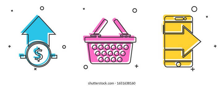 Set Financial growth and coin, Shopping basket and Smartphone, mobile phone icon. Vector