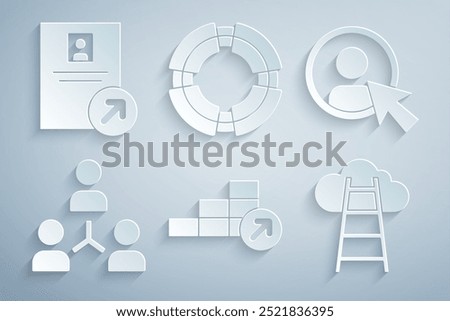 Set Financial growth, Create account screen, Project team base, Stair with finish flag, Business lifebuoy and Job promotion icon. Vector