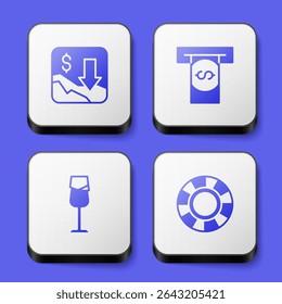 Set Financial growth decrease, Automated teller machine and money, Wine glass and Casino chips icon. White square button. Vector