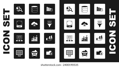 Set Financial growth decrease, Cloud computing lock, Server, Search globe, Binary code, Pie chart infographic and Data analysis icon. Vector