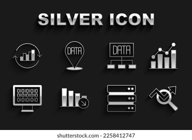 Set Financial growth decrease, Pie chart infographic, Search data analysis, Server, Binary code, Data,  and  icon. Vector