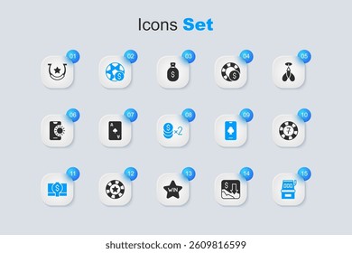 Set Financial growth decrease, Playing card with spades symbol, Football betting money, Stacks paper cash, Slot machine, Casino chips, Horseshoe and dollar icon. Vector