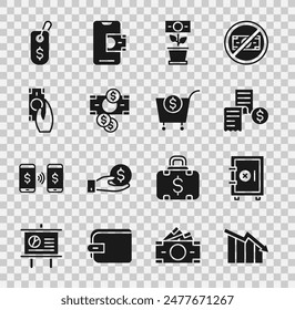 Set Financial growth decrease, Safe, Paper or financial check, Money plant the pot, Stacks paper money cash, Fast payments, Price tag with dollar and Shopping cart and icon. Vector