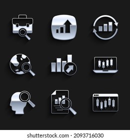 Set Financial growth, Document with graph chart, Browser stocks market, Stocks graphs, Search people, globe, Graph infographic and Work search icon. Vector