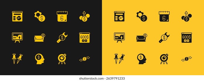 Set Financial growth dollar, Business man planning mind, Repair price, Target financial goal, Mail and e-mail, Calendar, Pie chart infographic and Gear with symbol icon. Vector