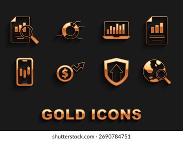 Set Financial growth dollar, Document with graph chart, Search globe, Mobile stock trading, Laptop,  and Pie infographic icon. Vector