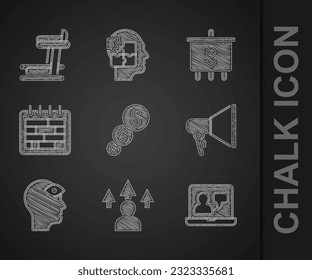 Set Financial growth and dollar, Front end development, Online education, Megaphone, Man with third eye, Calendar, Target and Treadmill machine icon. Vector