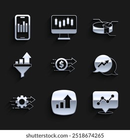 Conjunto de crecimiento financiero dólar, infografía de gráfico, gestión de tiempo, embudo de ventas con, pastel e icono móvil. Vector