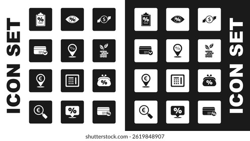 Set Financial growth and dollar, Location with percent discount, Credit card, Finance document, Dollar plant, Eye, Purse money and Cash location icon. Vector