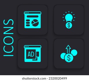 Set Financial growth dollar, Pie chart infographic, Light bulb with and Advertising icon. Black square button. Vector