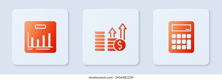 Set Financial growth and dollar, Pie chart infographic and Calculator. White square button. Vector