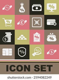 Set Financial growth and dollar, Purse money percent, Credit card remove, Stacks paper cash, euro coin, Shopping cart, Discount tag and Safe icon. Vector