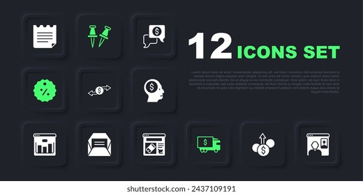 Set Financial growth dollar, Video chat conference, Money exchange, Armored truck, Discount percent tag, Envelope, Push pin and Online shopping screen icon. Vector
