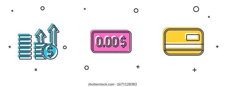 Establecer el crecimiento financiero y el dólar, costo cero e icono de tarjeta de crédito. Vector
