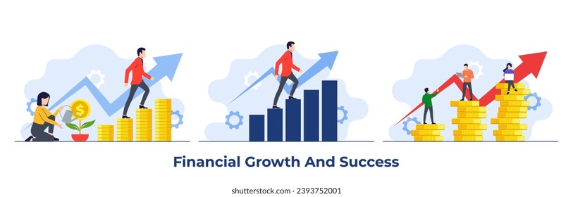 Set of financial growth flat illustrations, Business finance, Saving money, Investment, personal growth, Self-improvement, Self-development, Metaphor growth personality, Career growth, 