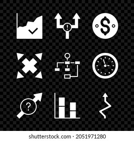 Set Financial Growth Increase, Arrow, Dollar Symbol, Graph, Chart, Diagram, Many Ways Directional Arrow And Hierarchy Organogram Icon. Vector