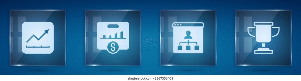 Set Financial growth increase, Key performance indicator, Online education and Award cup. Square glass panels. Vector