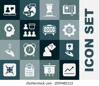 Setzen Sie das Wachstum erhöhen, Glühbirne, Gear mit Dollar, Old-Stundenglas-Sand, Training, Präsentation, menschliche Kopfbedeckung im Inneren, Online-Bildung und Digital-Wecker-Symbol. Vektorgrafik