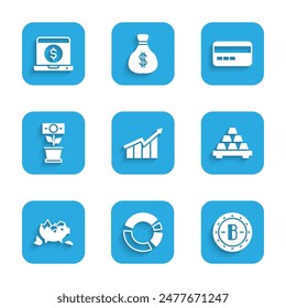 Set Financial growth increase, Pie chart infographic, Bitcoin, Gold bars, Broken piggy bank, Money plant the pot, Credit card and Laptop with dollar icon. Vector