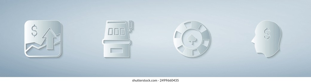 Set Financial growth increase, Slot machine, Casino chips and Lucky player. Paper art style. Vector