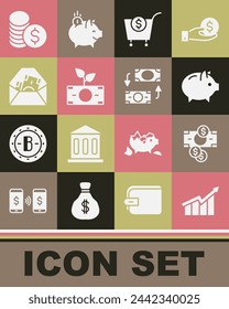 Fijar Aumento de crecimiento financiero, Pilas de dinero en efectivo de papel, Hucha, Carrito de compras y dólar, Dinero planta la olla, Sobre con símbolo, Moneda e icono de cambio. Vector