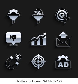Set Financial growth increase, Target, Advertising, Mail and e-mail, Magnet with money, Dislike speech bubble,  and Sales funnel gear icon. Vector