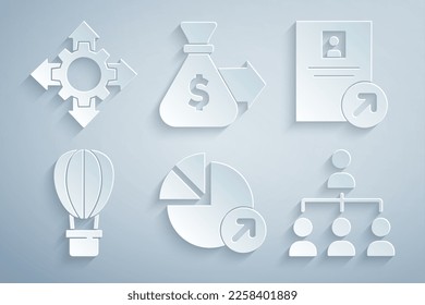 Set Financial growth, Job promotion, Hot air balloon, Hierarchy organogram chart, Money bag and Project team base icon. Vector