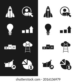 Set Financial growth, Light bulb with concept of idea, Startup project, Create account screen, Business podium, Stair finish flag, Pie chart and dollar and  icon. Vector