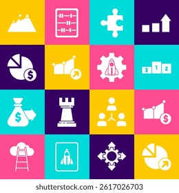 Set Financial growth, Pie chart and dollar, Business podium, Piece of puzzle, Mountains with flag and Startup project concept icon. Vector