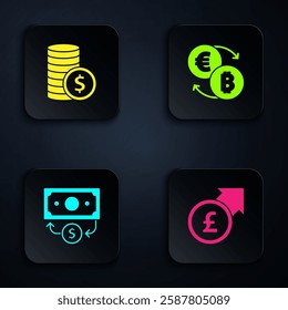 Set Financial growth and pound, Coin money with dollar, Stacks paper cash and Cryptocurrency exchange. Black square button. Vector
