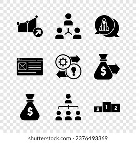 Set Financial growth, Project team base, Startup project concept, Money bag, Hierarchy organogram chart, Business podium, Browser window and Human resources icon. Vector - Powered by Shutterstock - Get 15% off with code: PIKWIZARD15