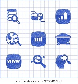 Set Financial growth, Search data analysis, people, Coal mine trolley, Website template, globe,  and Server icon. Vector