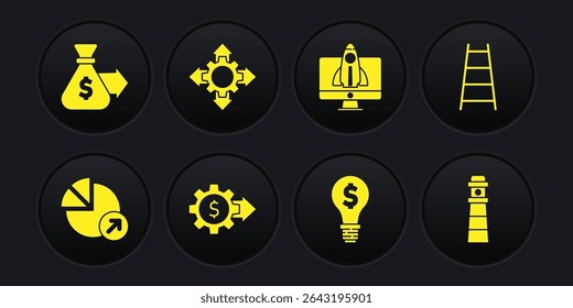 Set Financial growth, Stair with finish flag, Gear dollar, Light bulb, Startup project concept, Project team base, Lighthouse and Money bag icon. Vector